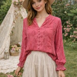 Jennifer & Grace Coral Pink Boho Peasant Blouse Embroidered Lace Festival M